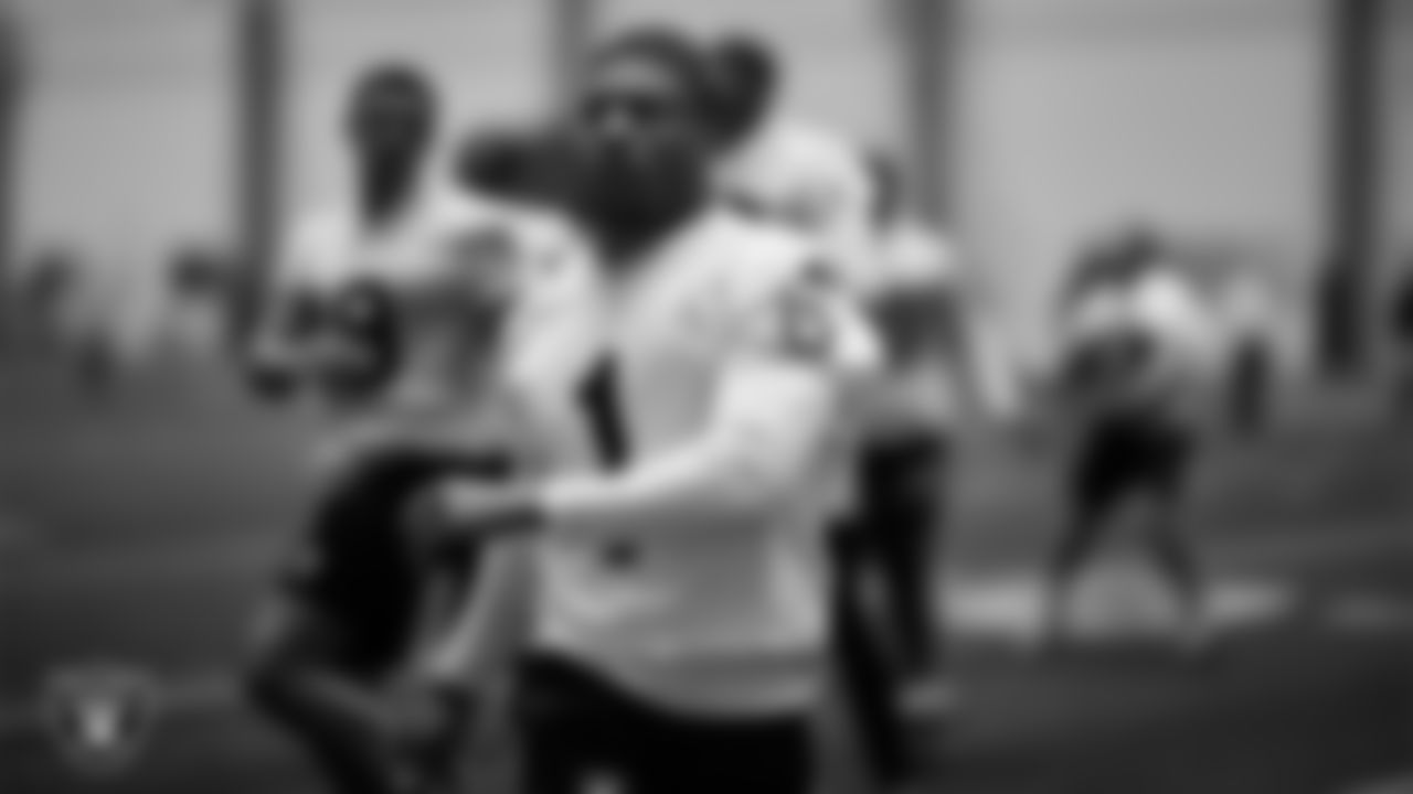 Las Vegas Raiders wide receiver Tre Tucker (1) at a workout during phase two of the offseason program at Intermountain Health Performance Center.