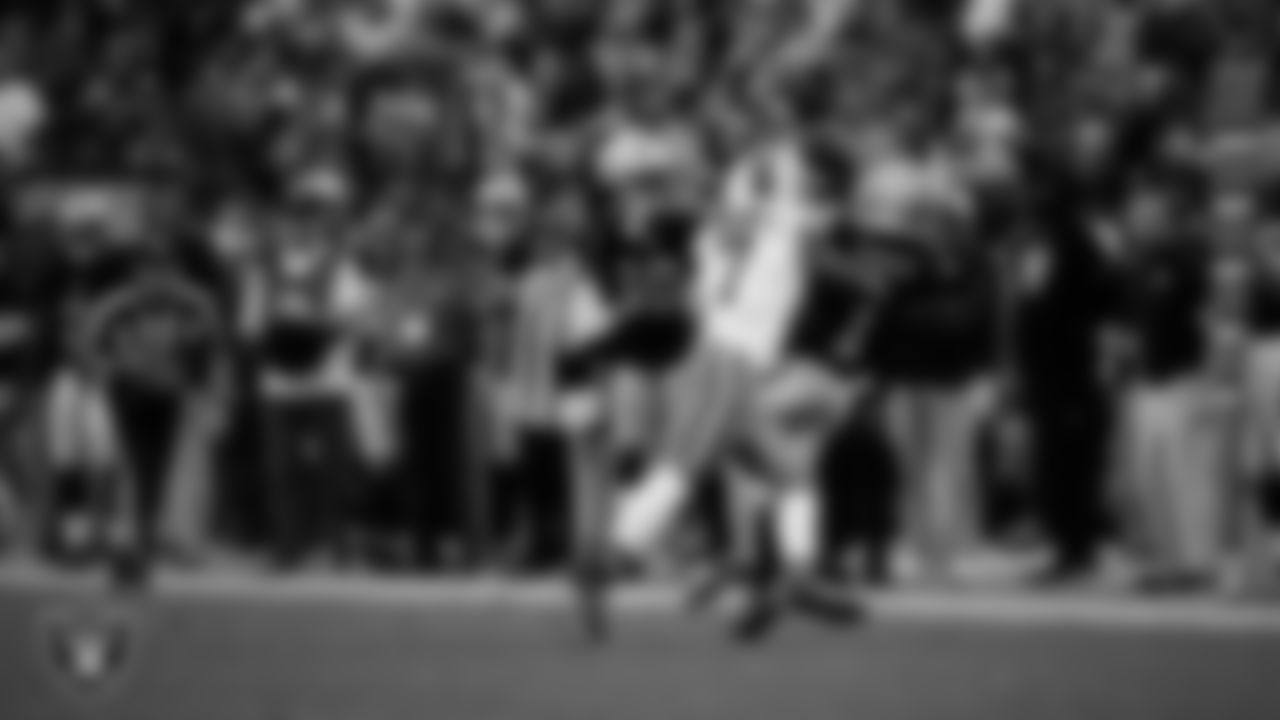 Las Vegas Raiders wide receiver Tre Tucker (1) goes for a catch during the regular season home game against the Cleveland Browns at Allegiant Stadium.