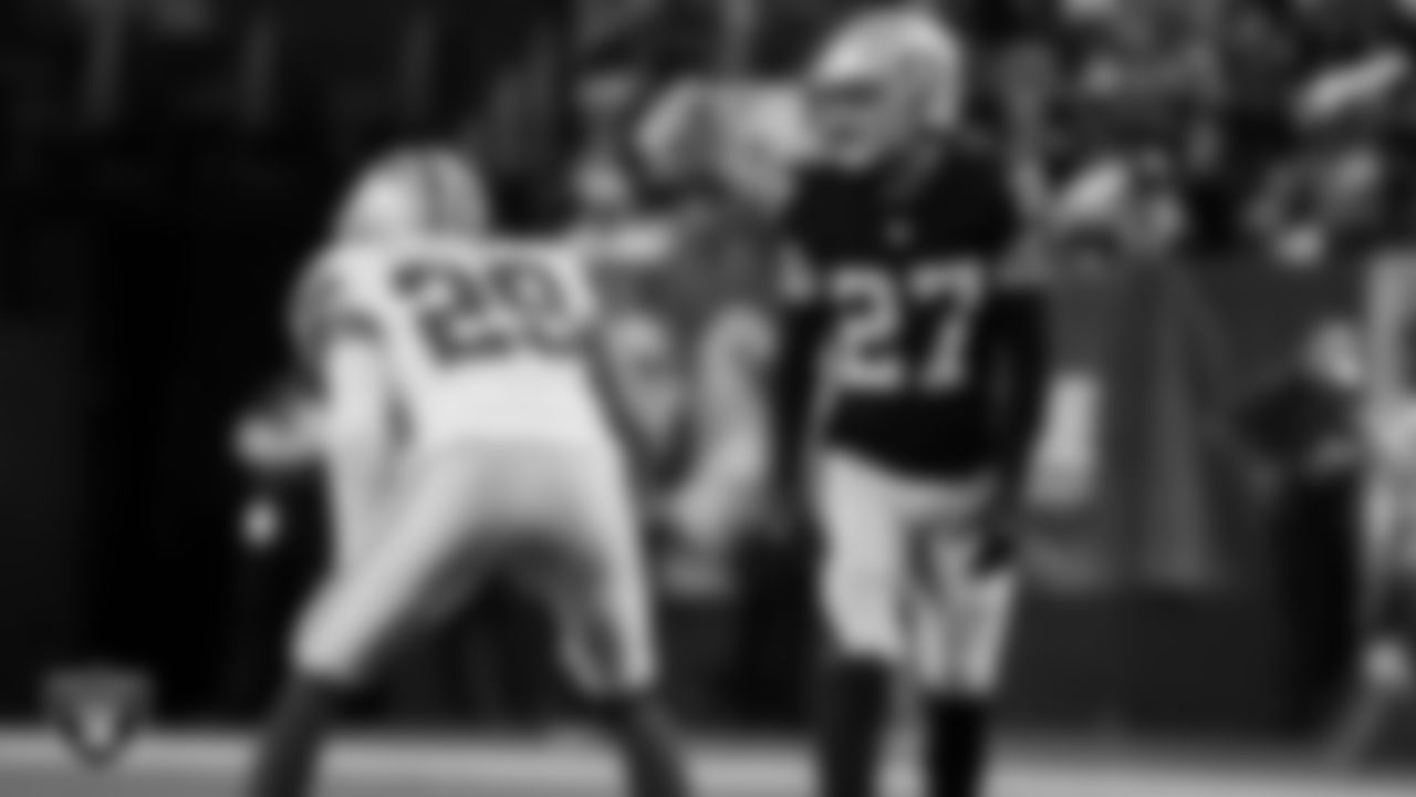 Las Vegas Raiders safety Tristin McCollum (27) lines up before the kickoff during the regular season home game against the Dallas Cowboys at Allegiant Stadium.