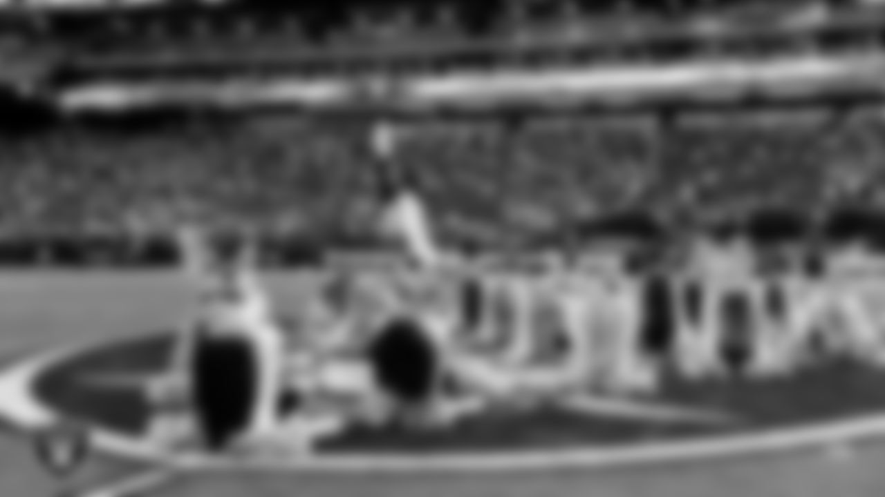 Raiderette Amanda performs on the field before the regular season home game against the Jacksonville Jaguars at Allegiant Stadium.