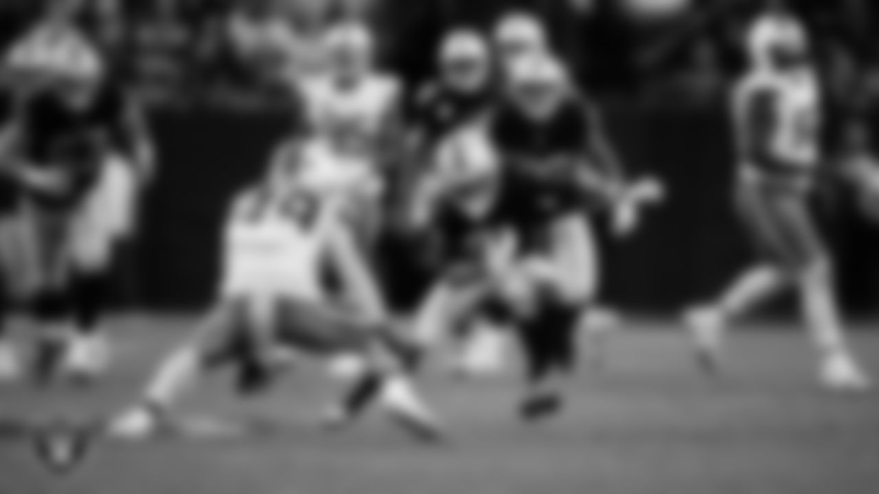 Las Vegas Raiders wide receiver Tre Tucker (1) runs after making a catch during the regular season home game against the Cleveland Browns at Allegiant Stadium.