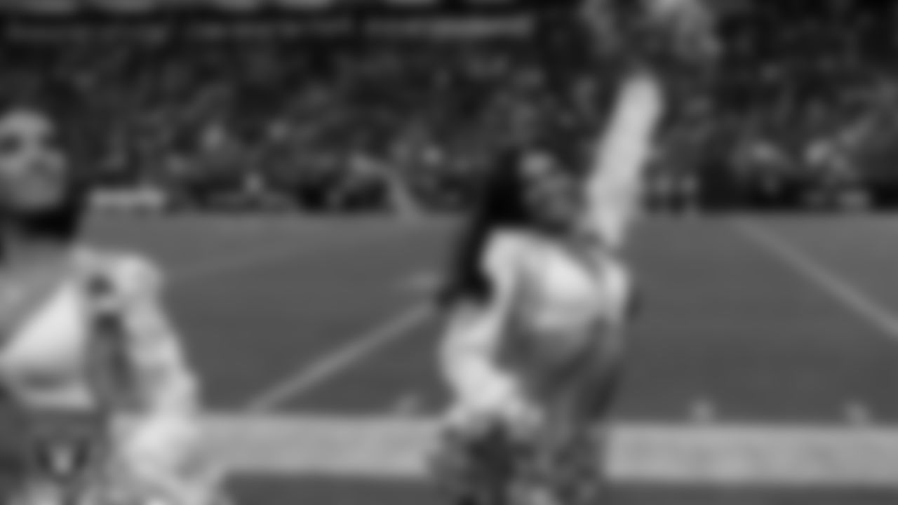 Raiderette Ashtin on the sidelines during the regular season home game against the Jacksonville Jaguars at Allegiant Stadium.