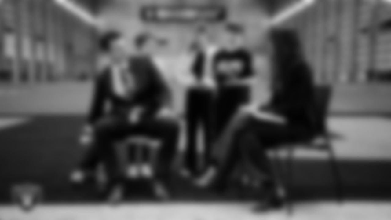 Las Vegas Raiders Head Coach Klint Kubiak and his children are interviewed following his introductory press conference at Intermountain Health Performance Center.