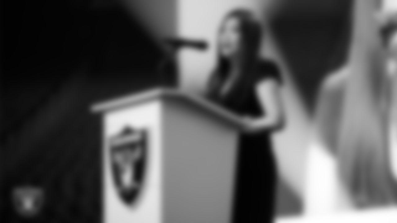Las Vegas Raiders executive director of the Raiders Foundation Kari Uyehara speaks during the second annual Silver & Black Gala hosted by The Raiders Foundation at Allegiant Stadium.