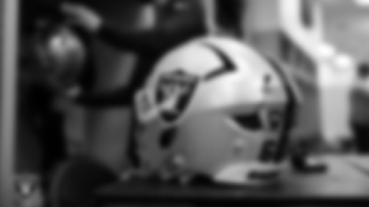 Las Vegas Raiders guard Dylan Parham's (66) helmet in the locker room prior to the Raiders' arrival for their regular season away game against the Los Angeles Chargers at SoFi Stadium.