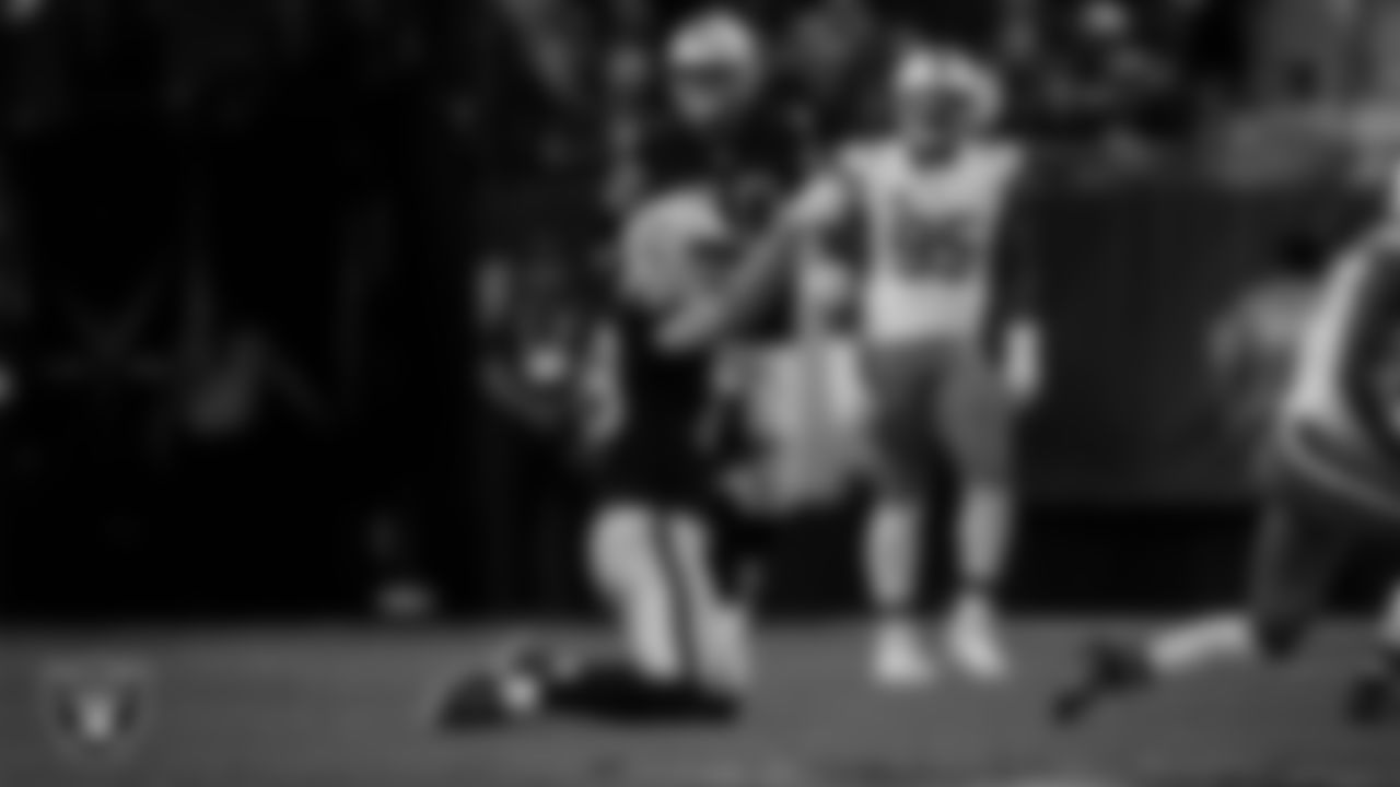 Las Vegas Raiders tight end Brock Bowers (89) celebrates after making a first down during the regular season home game against the Cleveland Browns at Allegiant Stadium.