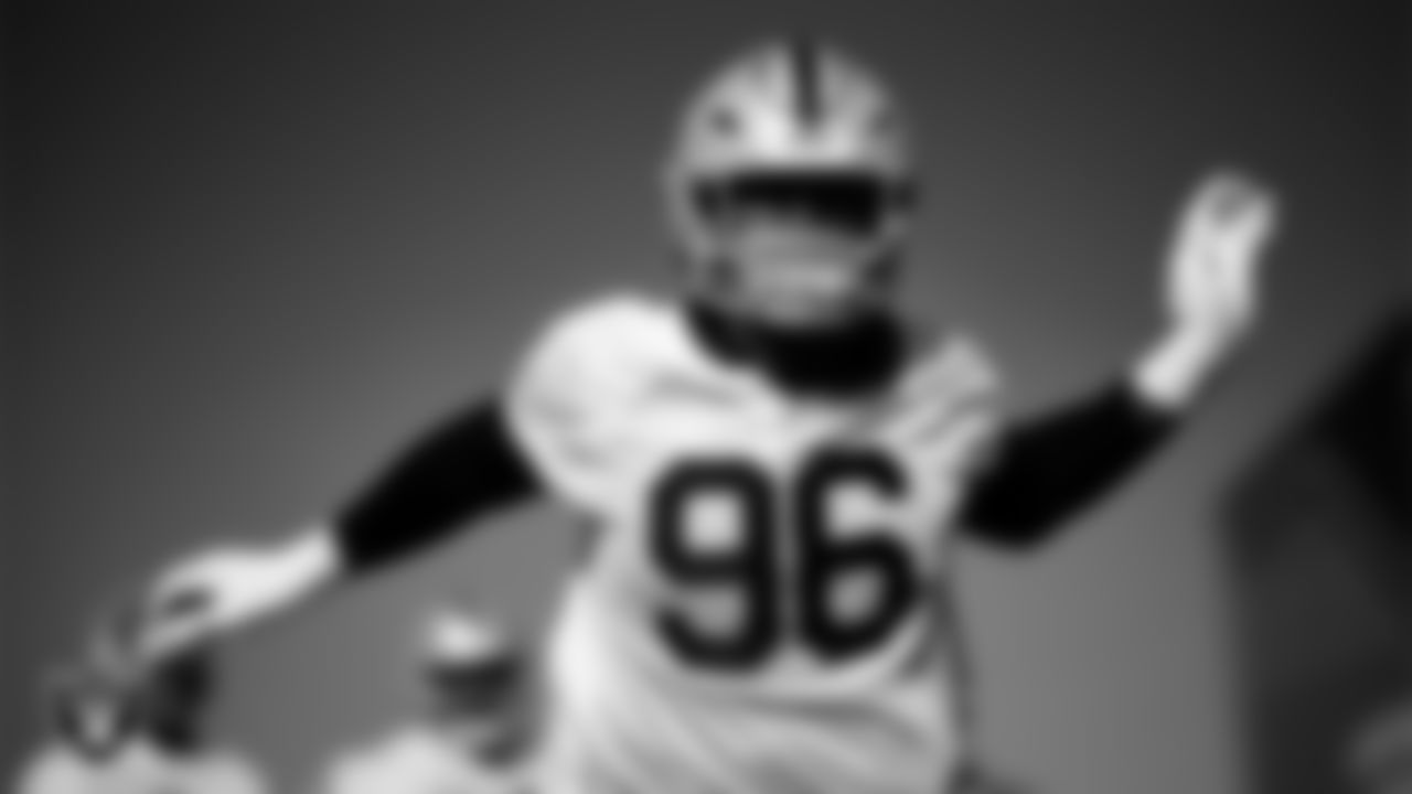 Las Vegas Raiders defensive tackle Jonah Laulu (96) during practice at Intermountain Health Performance Center.