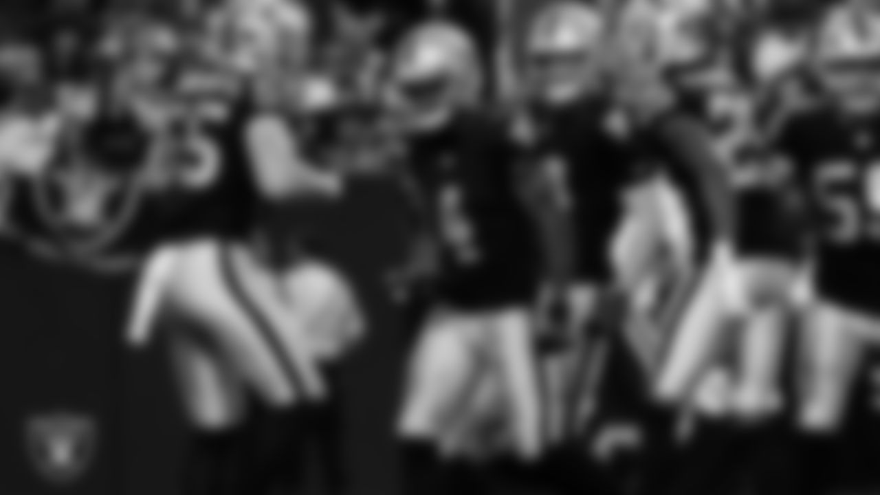 Las Vegas Raiders wide receiver Shedrick Jackson (4) celebrates with teammates after making a tackle during the regular season home game against the Kansas City Chiefs at Allegiant Stadium.