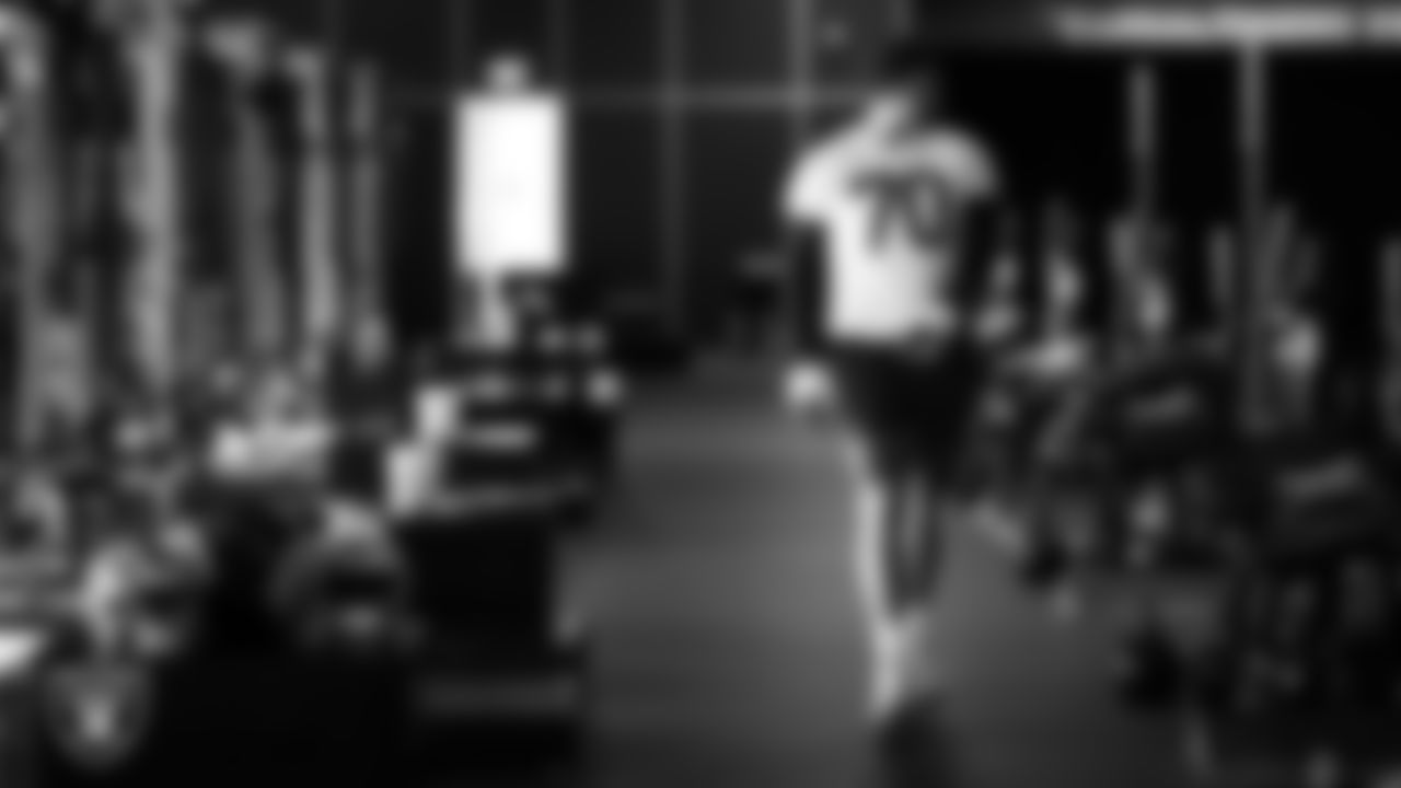 Las Vegas Raiders offensive lineman Stone Forsythe (70) in the weight room during practice at Intermountain Health Performance Center.