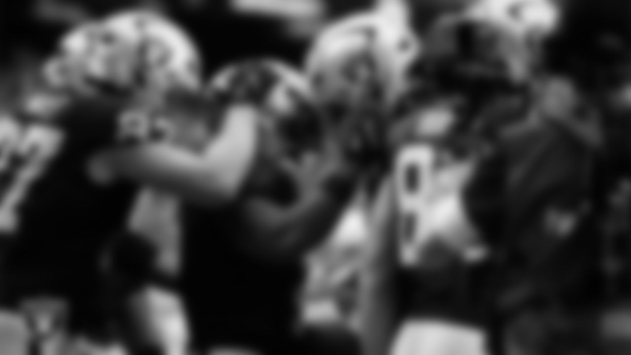 Las Vegas Raiders running back Ashton Jeanty (2) celebrates with teammates after rushing for a 1-yard touchdown during the preseason home game against the San Francisco 49ers at Allegiant Stadium.