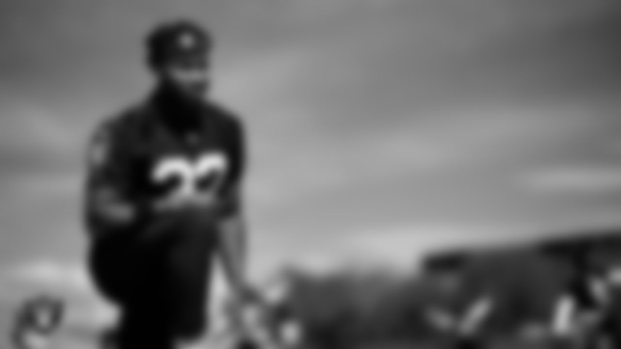 Las Vegas Raiders safety Lonnie Johnson Jr. (32) at a workout during phase two of the offseason program at Intermountain Health Performance Center.