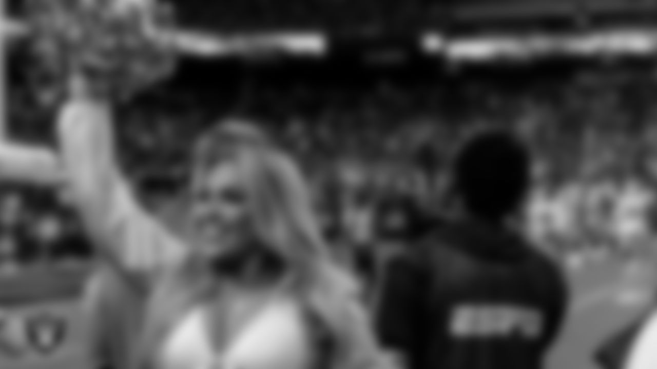 Raiderette Devyn on the sidelines during the regular season home game against the Dallas Cowboys at Allegiant Stadium.