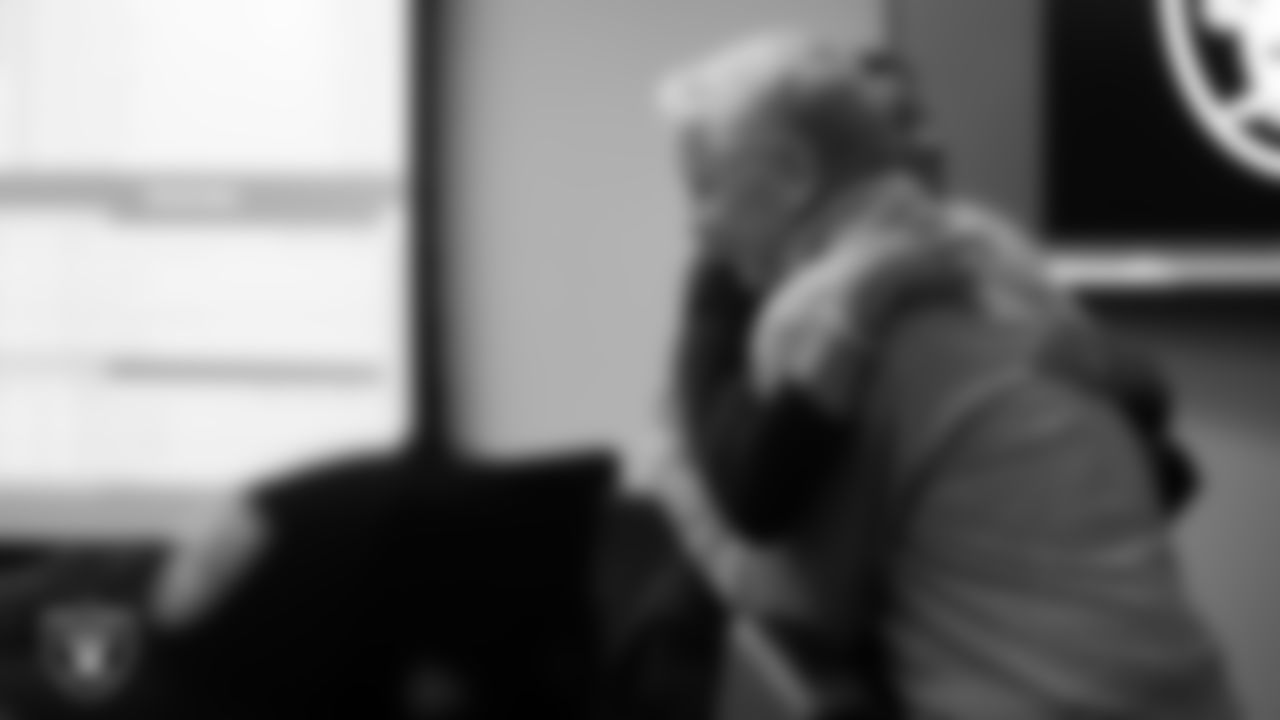 Las Vegas Raiders President Sandra Douglass Morgan and Head Coach Pete Carroll in the draft room on day 1 of the 2025 NFL Draft at Las Vegas Raiders Headquarters.