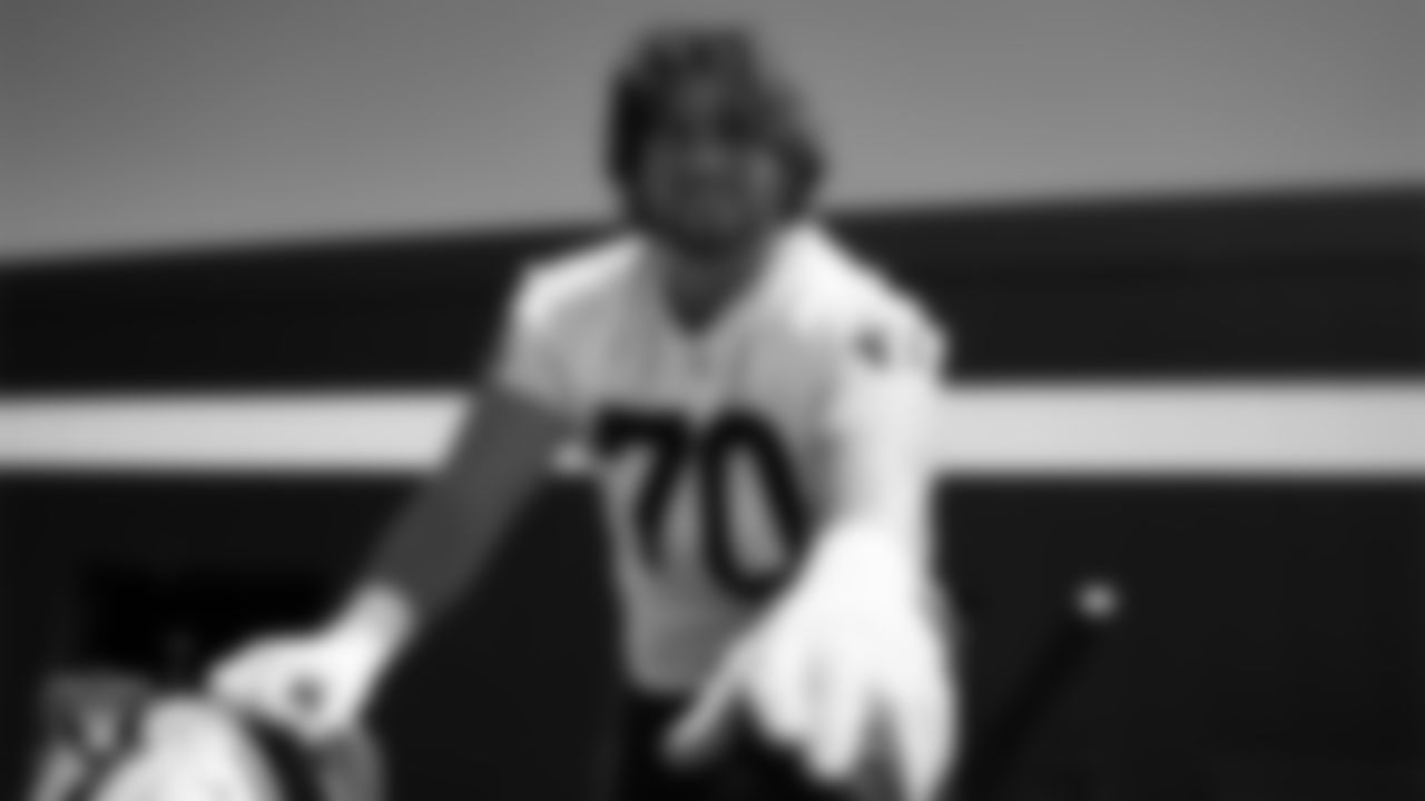 Las Vegas Raiders tackle Parker Clements (70) on the field for mandatory minicamp at Intermountain Health Performance Center.