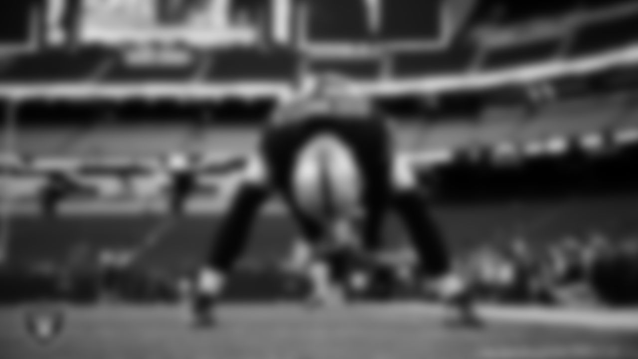 Las Vegas Raiders long snapper Jacob Bobenmoyer (50) warming up before the regular season home game against the Jacksonville Jaguars at Allegiant Stadium.