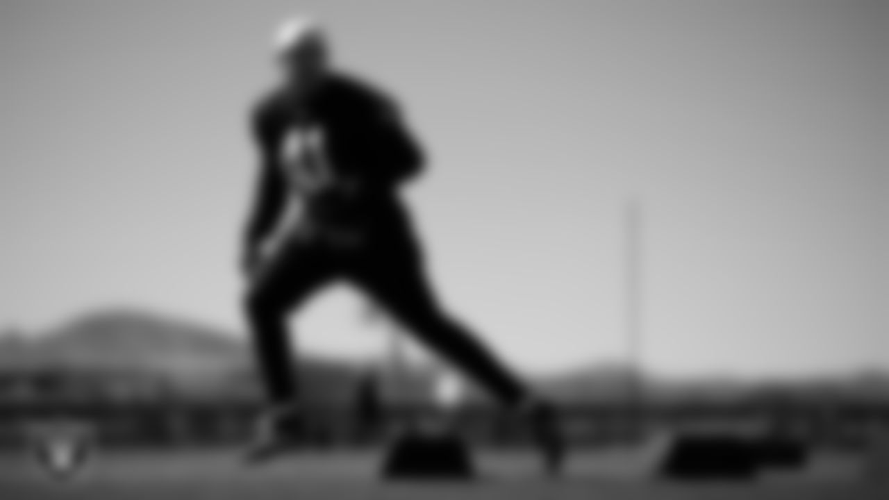 Las Vegas Raiders linebacker Robert Spillane (41) at a workout during phase two of the offseason program at Intermountain Health Performance Center.