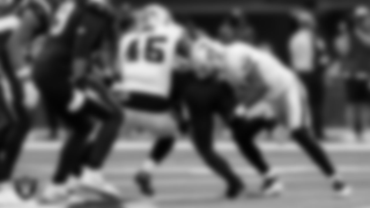 Las Vegas Raiders linebacker Devin White (45) and safety Jeremy Chinn (11) during the regular season away game against the Los Angeles Chargers at SoFi Stadium.