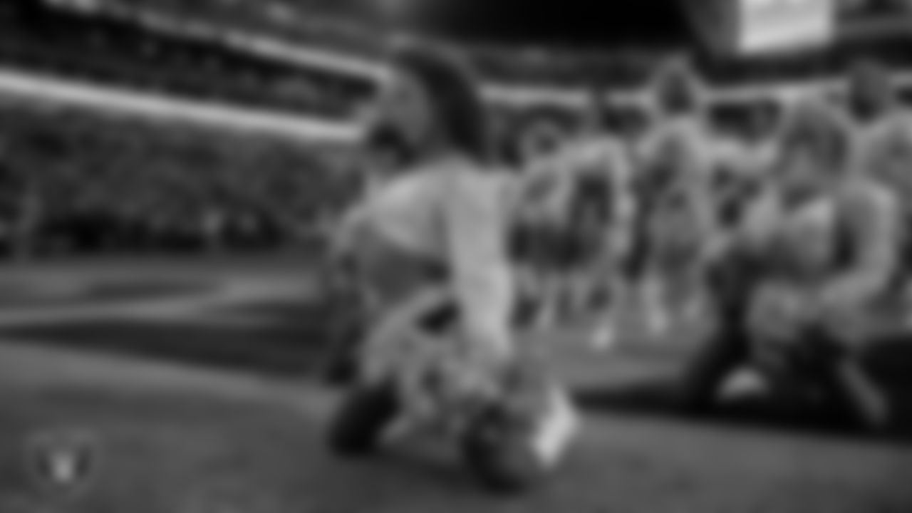 Raiderette Lexie performs on the field during the regular season home game against the Kansas City Chiefs at Allegiant Stadium.