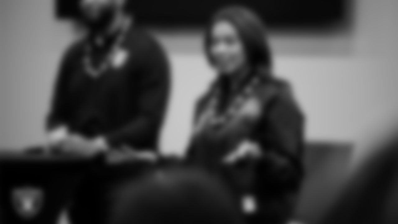 Las Vegas Raiders President Sandra Douglass Morgan speaks to students during the Employee Resource Group Mentorship Program at Las Vegas Raiders Headquarters.