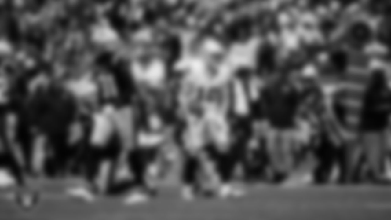 Las Vegas Raiders wide receiver Jack Bech (18) celebrates after making a first down during the regular season away game against the New England Patriots at Gillette Stadium.
