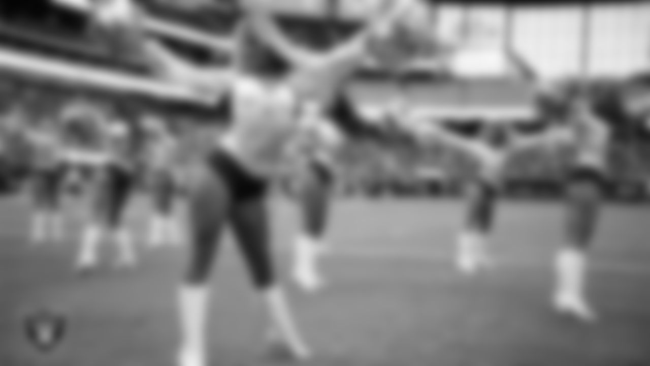 Raiderette Taylor performs on the field during a 2025 Training Camp mock game at Allegiant Stadium.