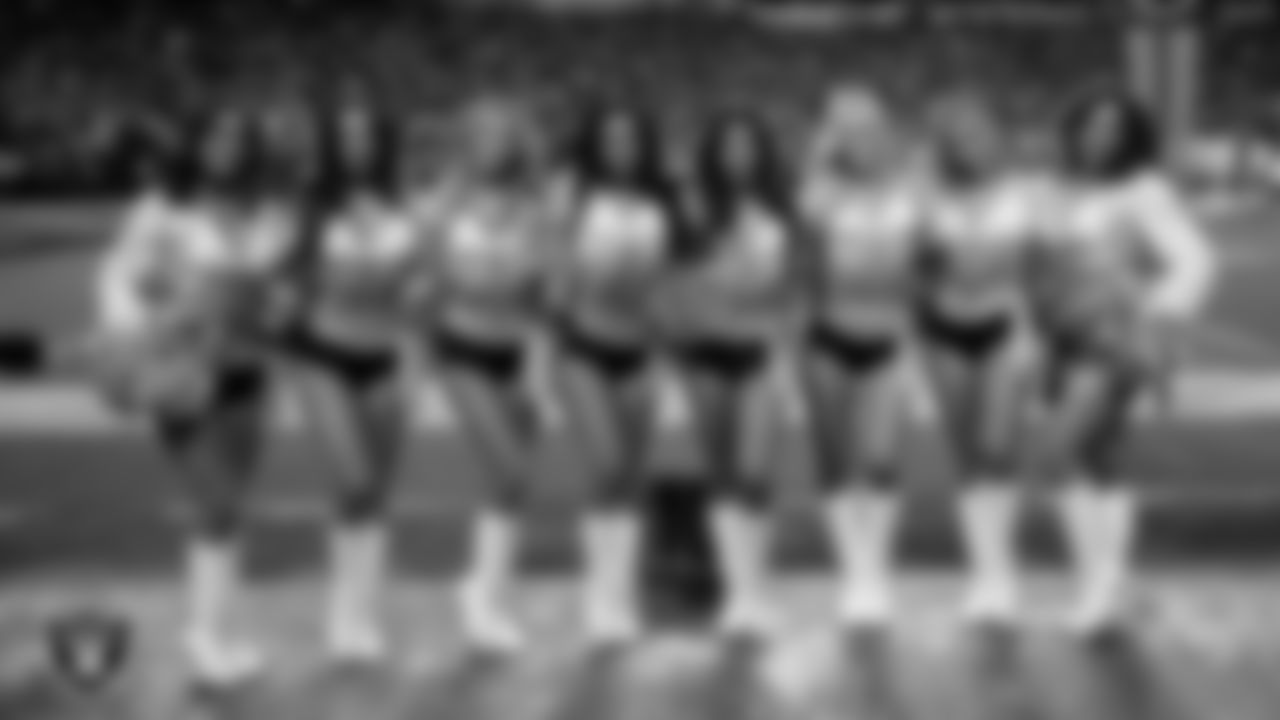 Line 3 of the Raiderettes on the sidelines during the regular season home game against the Kansas City Chiefs at Allegiant Stadium.