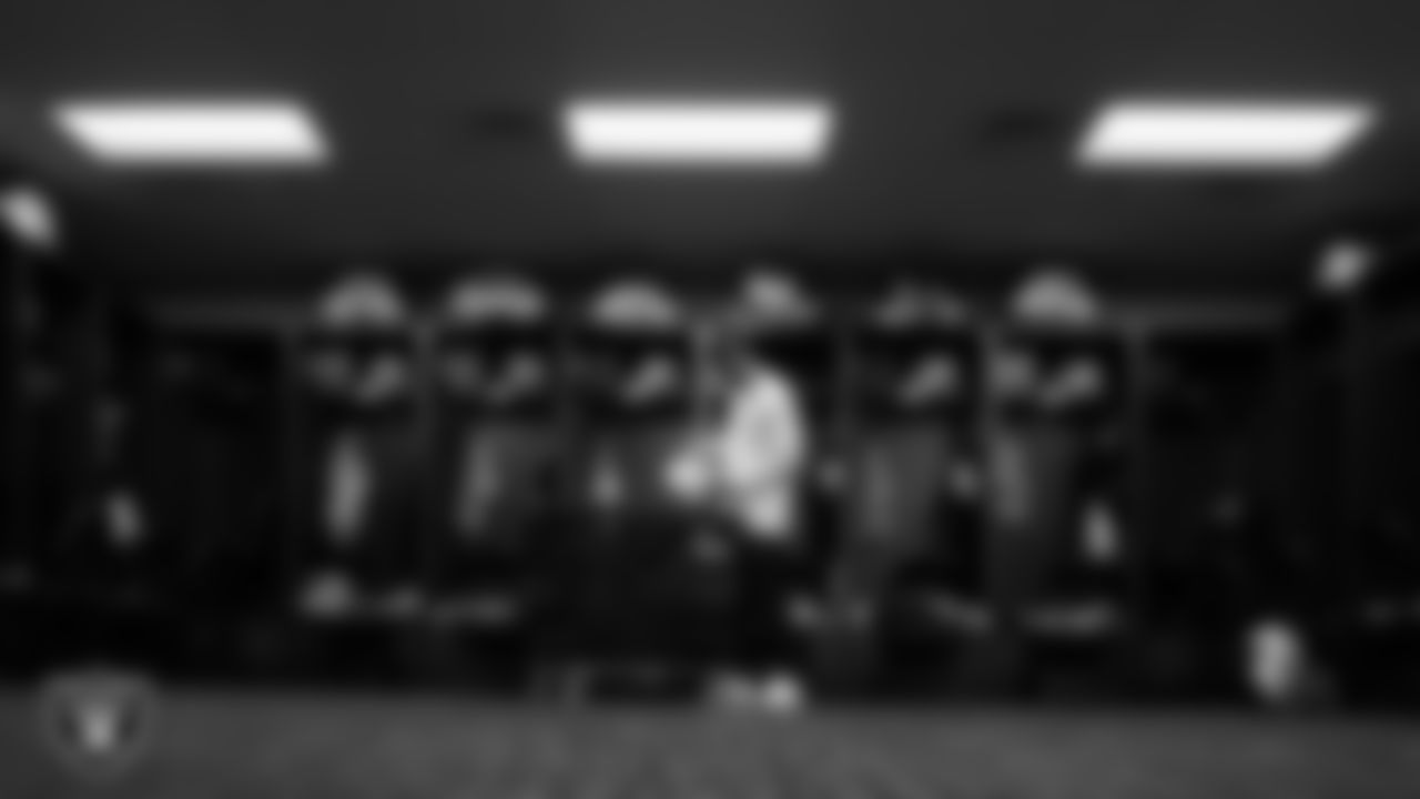 Las Vegas Raiders equipment assistant Aidan Subira in the locker room prior to the Raiders' arrival for their regular season away game against the New England Patriots at Gillette Stadium.
