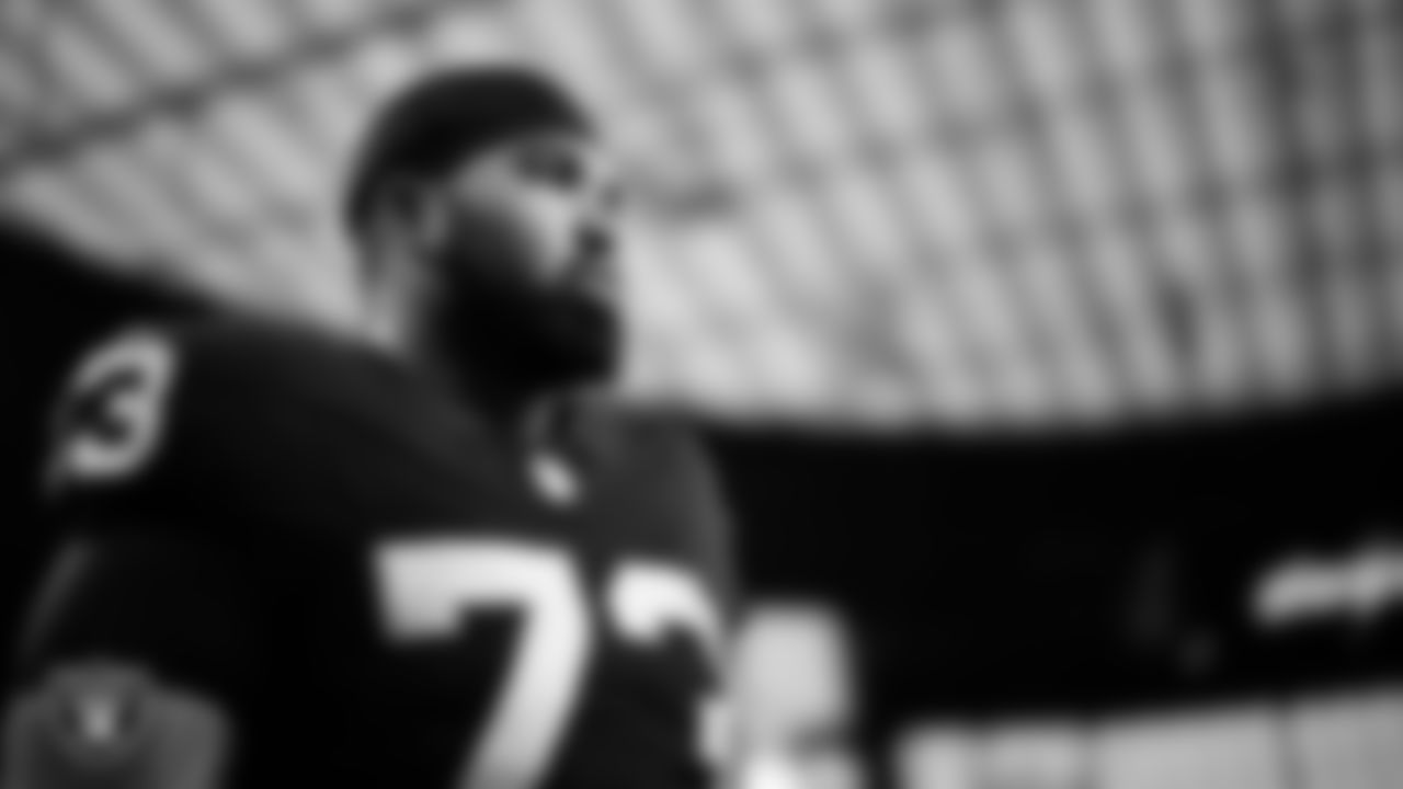 Las Vegas Raiders tackle Andrew Coker (73) warming up before the preseason home game against the San Francisco 49ers at Allegiant Stadium.