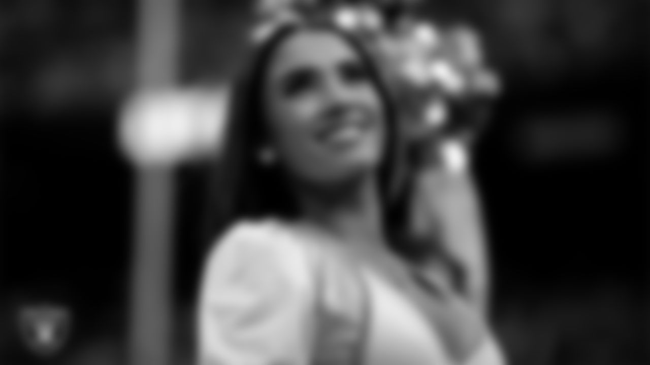 Raiderette Kylie on the sidelines during the regular season home game against the Cleveland Browns at Allegiant Stadium.