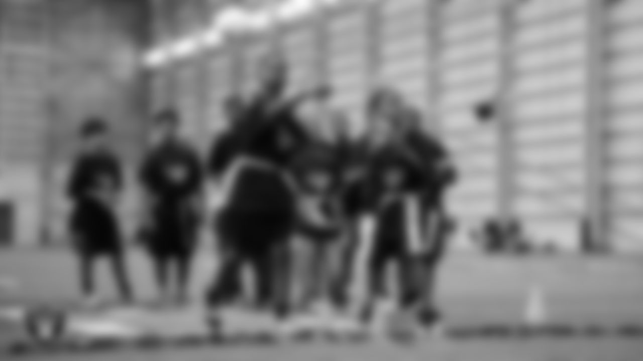 Students go through a drill during a Raiders Junior Training Camp at Intermountain Health Performance Center.