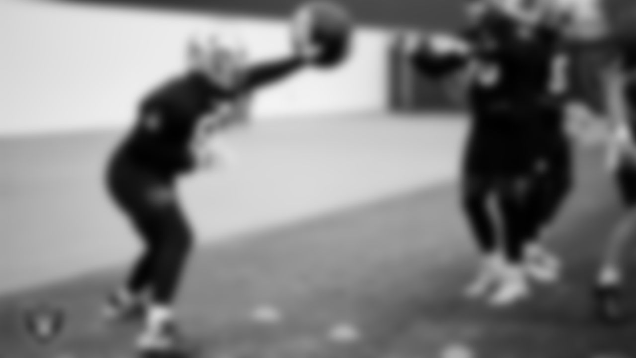 Las Vegas Raiders tackle Charles Grant (60) during practice at Intermountain Health Performance Center.