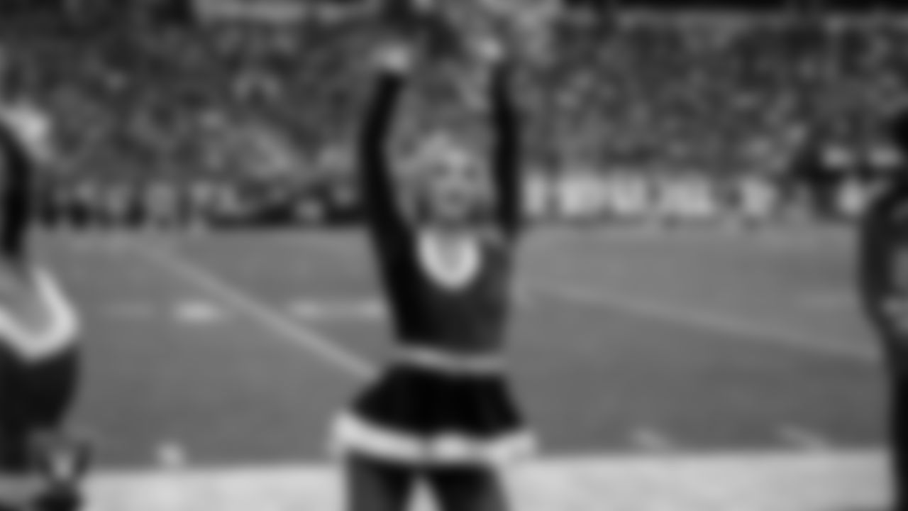 Raiderette Hayley on the sidelines during the regular season home game against the New York Giants at Allegiant Stadium.