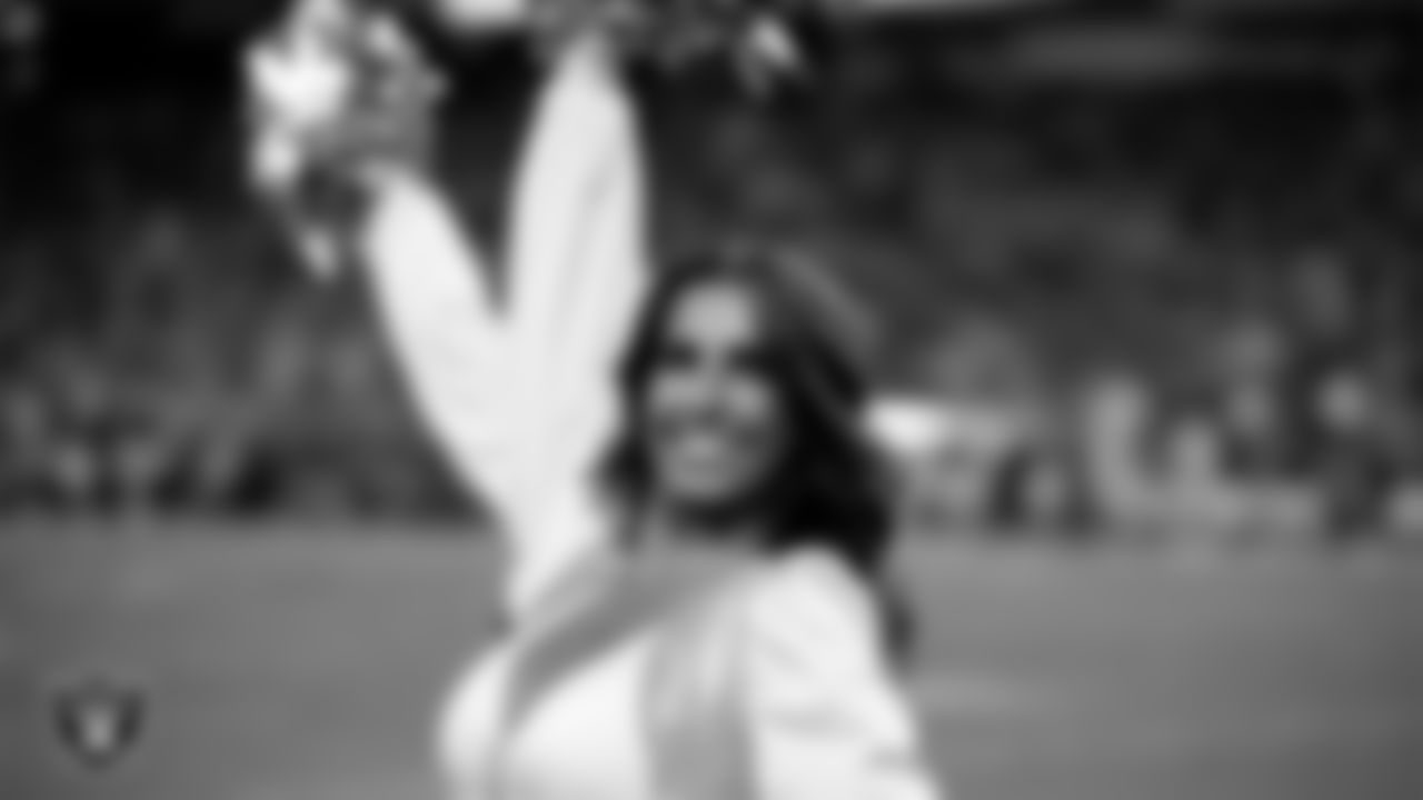 Raiderette Raegen on the sidelines during the regular season home game against the Los Angeles Chargers at Allegiant Stadium.