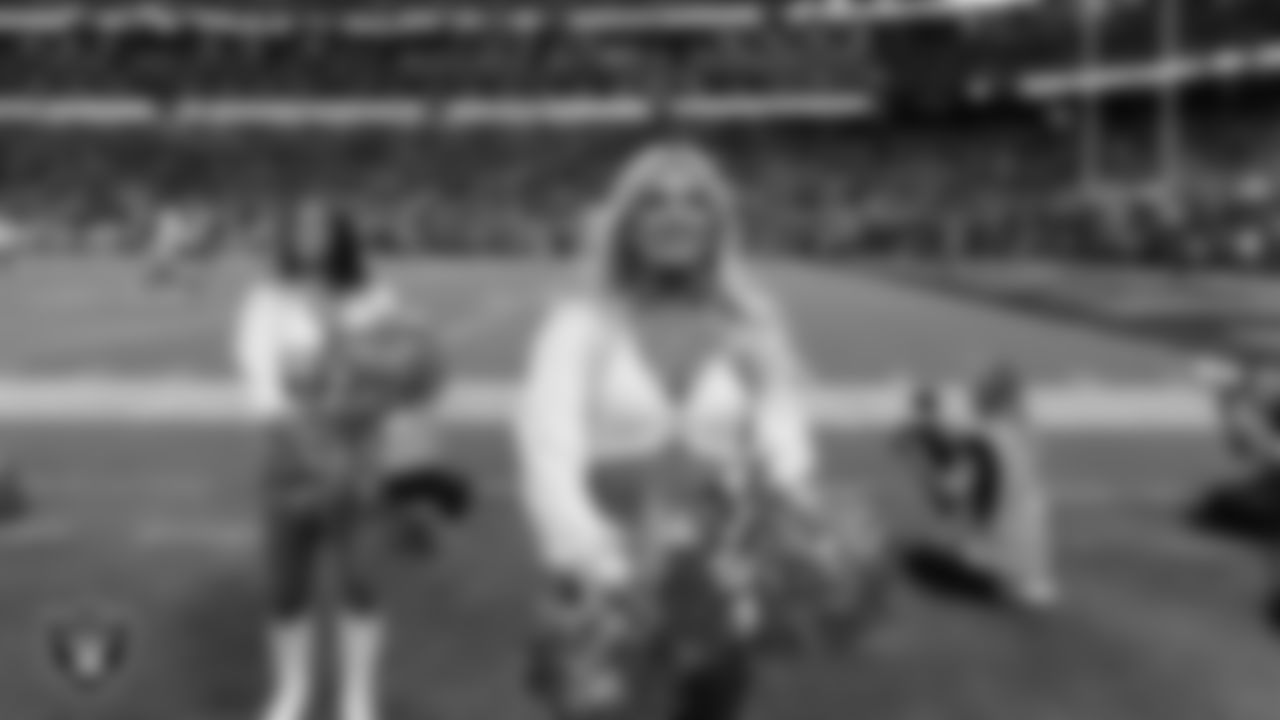 Raiderette Pip on the sidelines during the regular season home game against the Los Angeles Chargers at Allegiant Stadium.