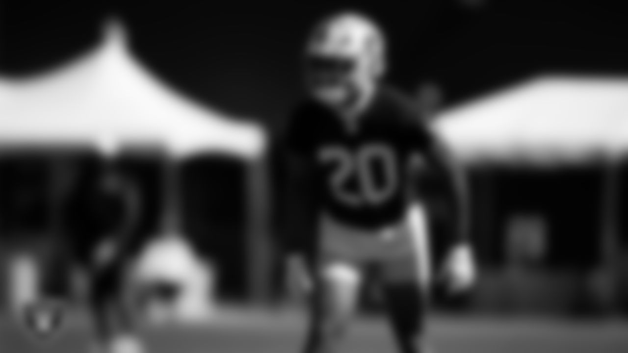 Las Vegas Raiders safety Isaiah Pola-Mao (20) on the field for practice at 2025 Training Camp at Intermountain Health Performance Center.