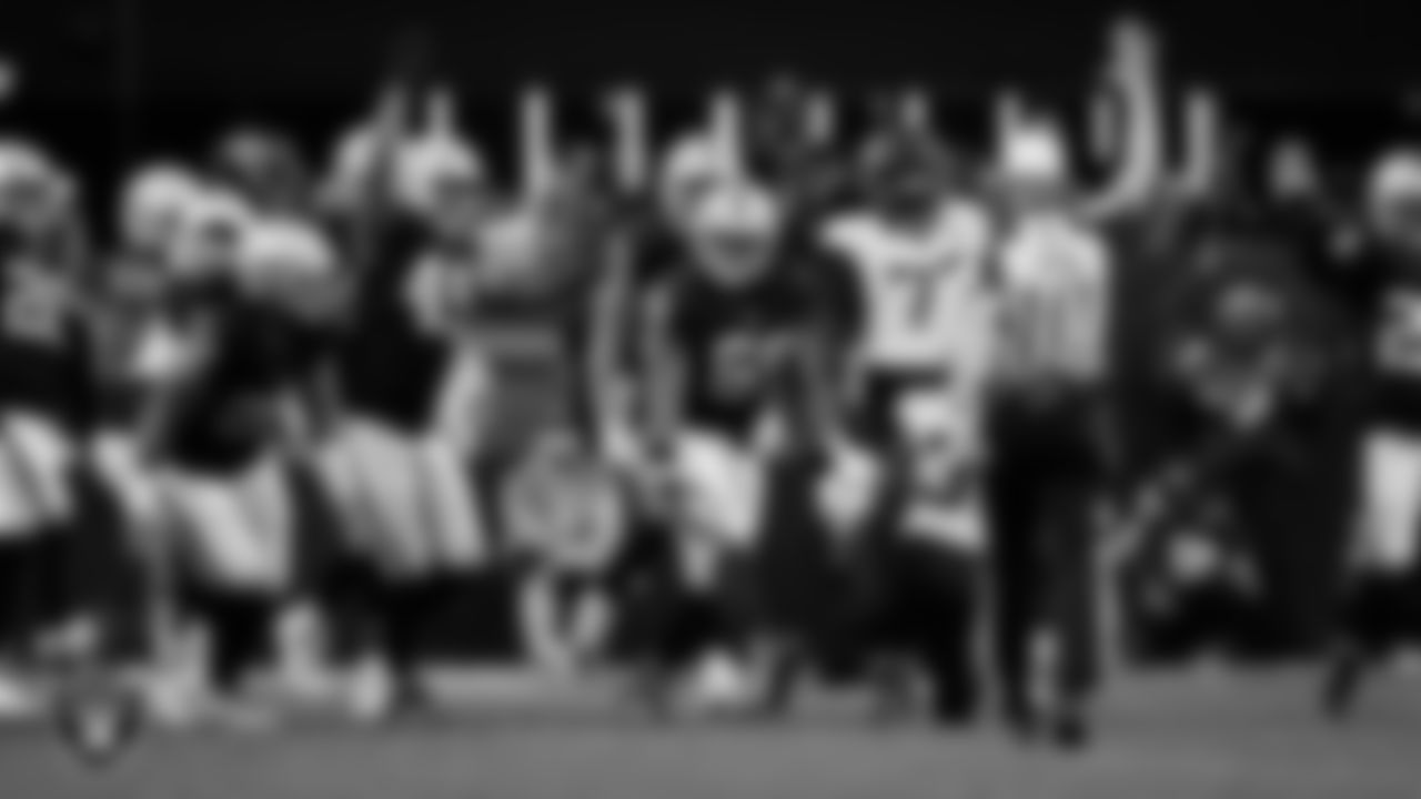 Las Vegas Raiders defensive tackle Adam Butler (69) celebrates after making a tackle during the regular season home game against the Jacksonville Jaguars at Allegiant Stadium.