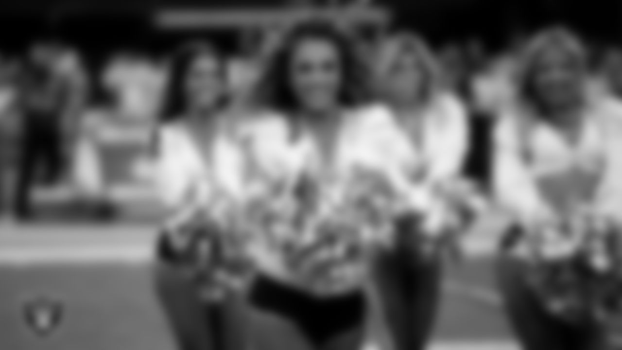 Raiderette Lexie performs on the field before the regular season home game against the Cleveland Browns at Allegiant Stadium.