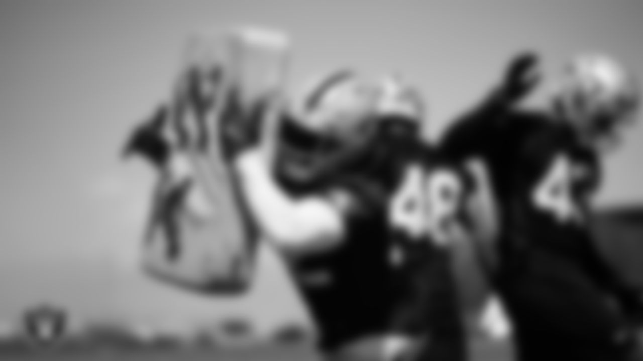 Las Vegas Raiders linebacker Elandon Roberts (52) at Day Two of 2025 Veteran Minicamp at Intermountain Health Performance Center.