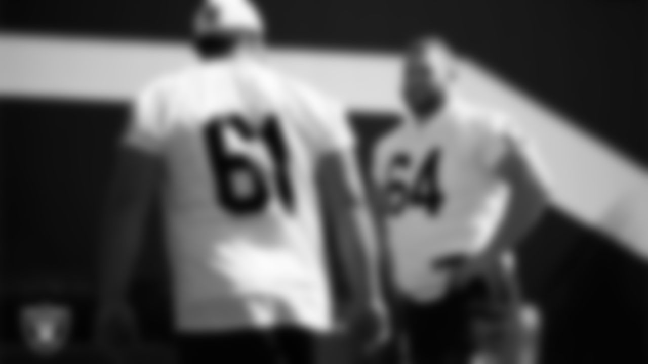 Las Vegas Raiders center Jarrod Hufford (64) at a workout during phase two of the offseason program at Intermountain Health Performance Center.