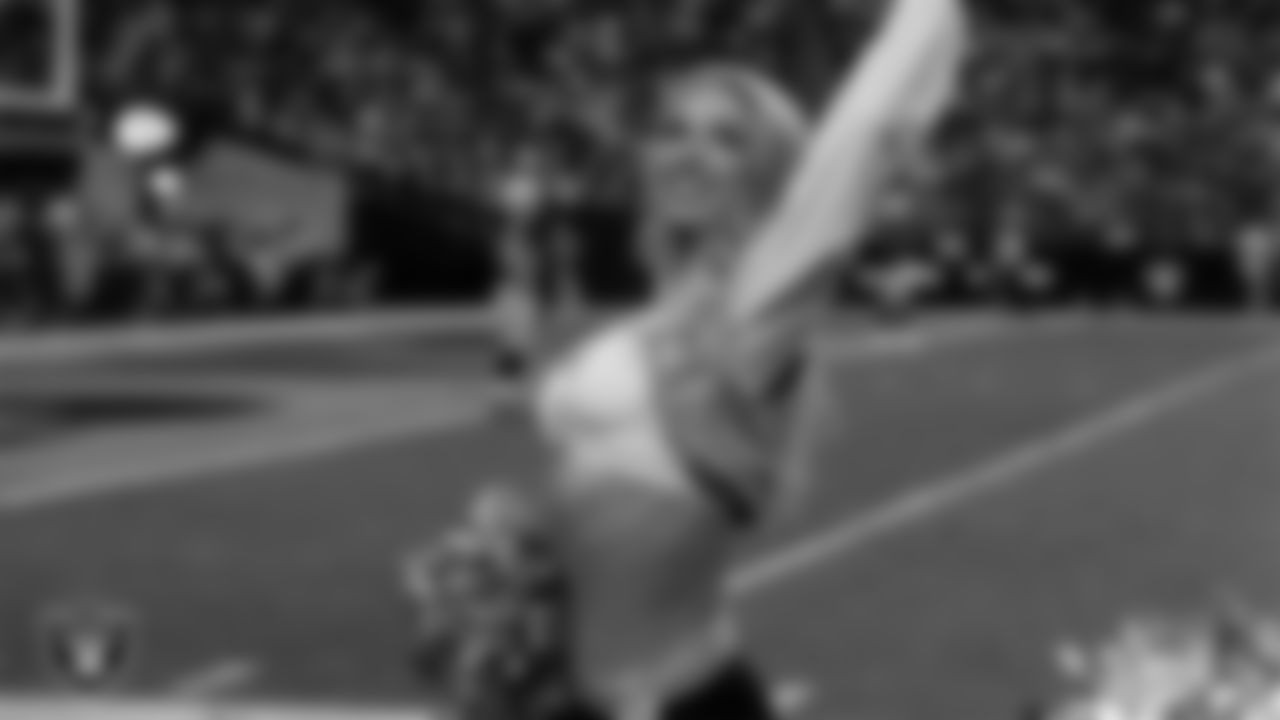 Raiderette Delaney on the sidelines during the regular season home game against the Kansas City Chiefs at Allegiant Stadium.