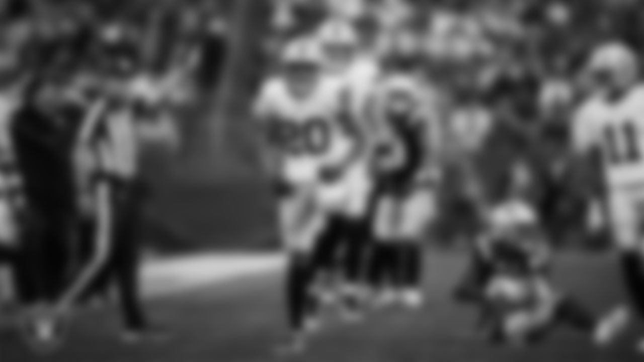Las Vegas Raiders safety Isaiah Pola-Mao (20) celebrates on the field during the regular season away game against the New England Patriots at Gillette Stadium.
