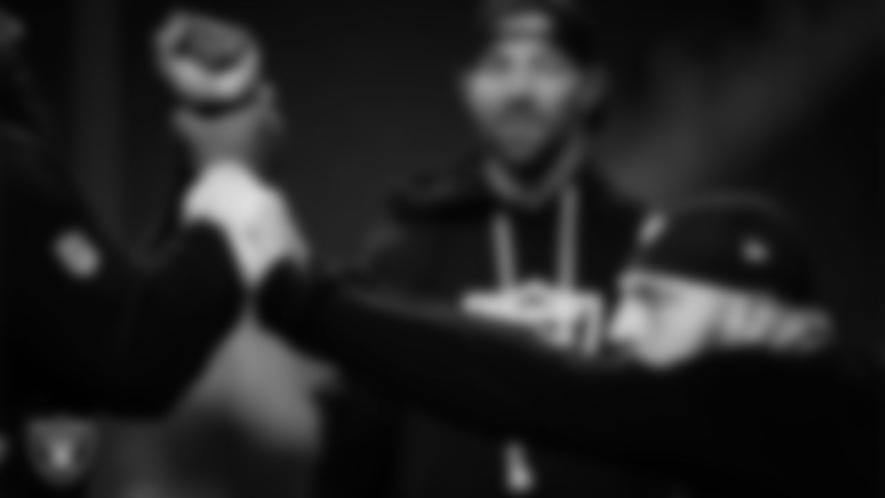 Las Vegas Raiders defensive end Maxx Crosby (98) warming up before the regular season home game against the Dallas Cowboys at Allegiant Stadium.