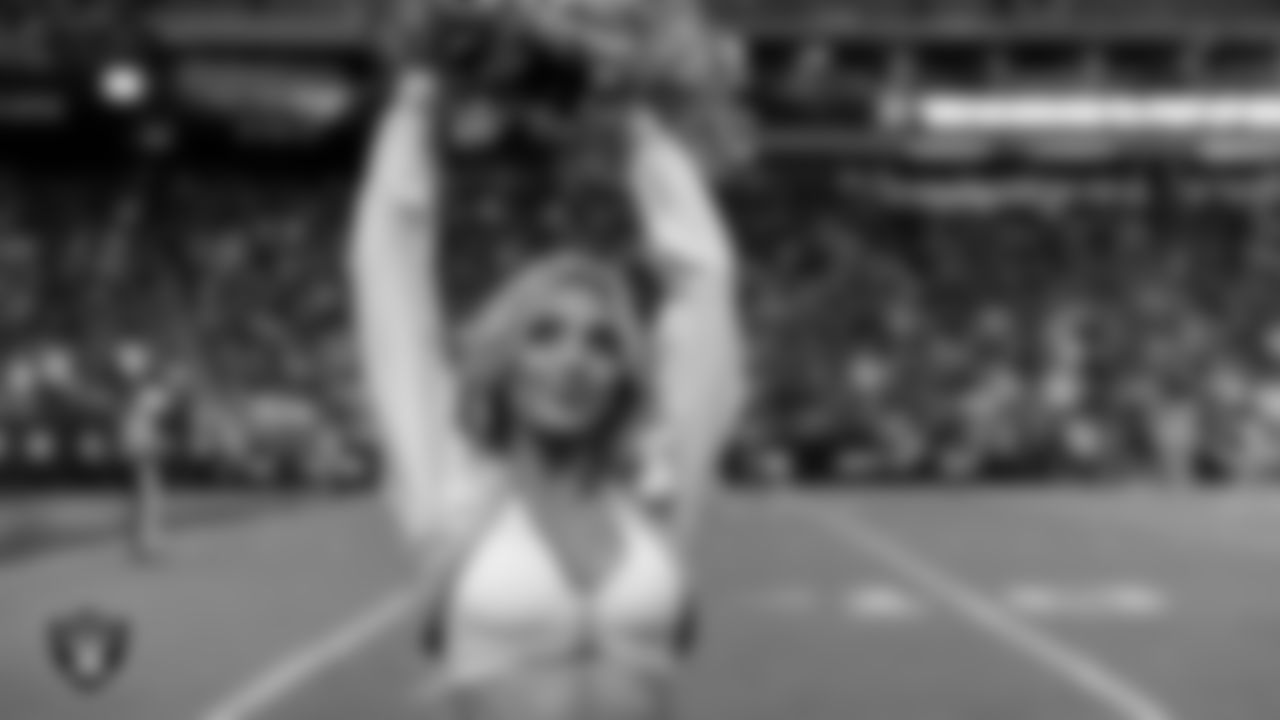 Raiderette Hayley on the sidelines during the regular season home game against the Jacksonville Jaguars at Allegiant Stadium.