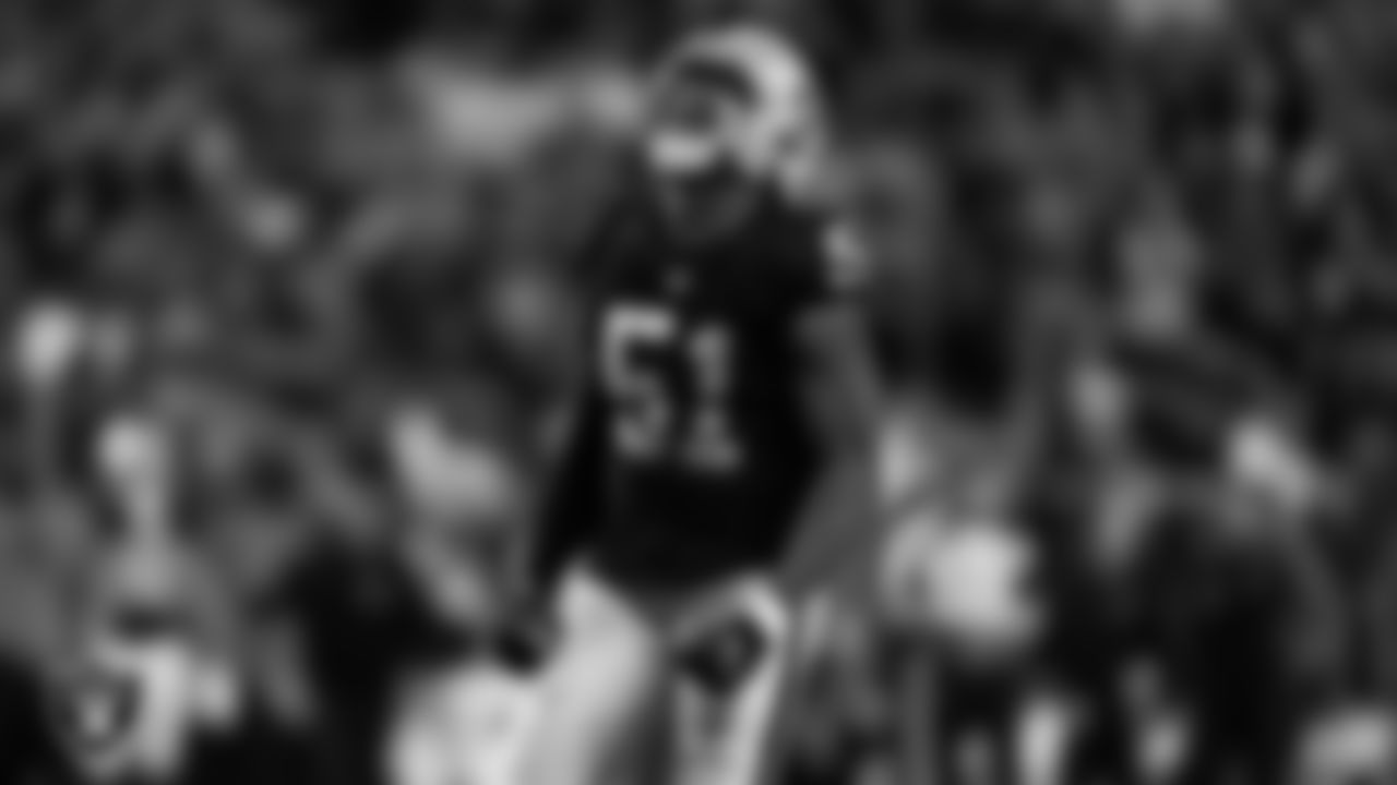 Las Vegas Raiders defensive end Malcolm Koonce (51) celebrates after sacking the quarterback during the regular season home game against the New York Jets at Allegiant Stadium.