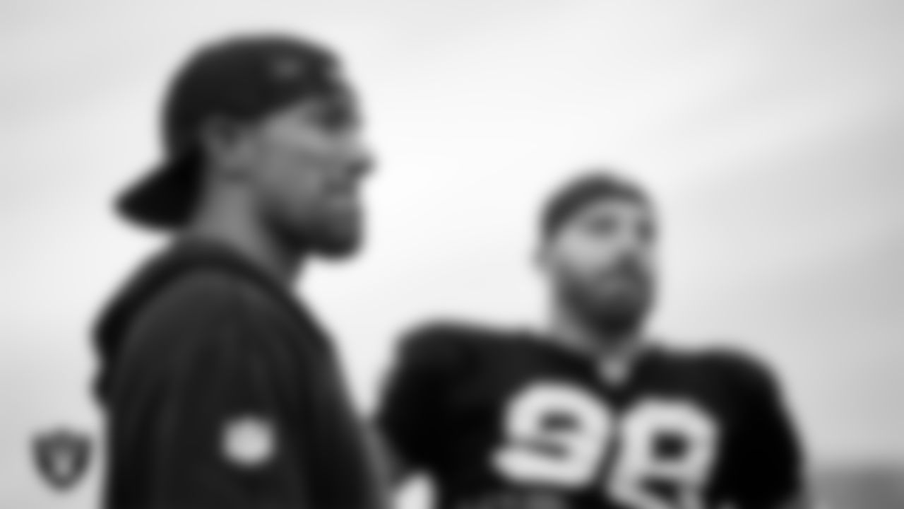 Las Vegas Raiders run game coordinator/defensive line coach Rob Leonard during practice at Intermountain Health Performance Center.