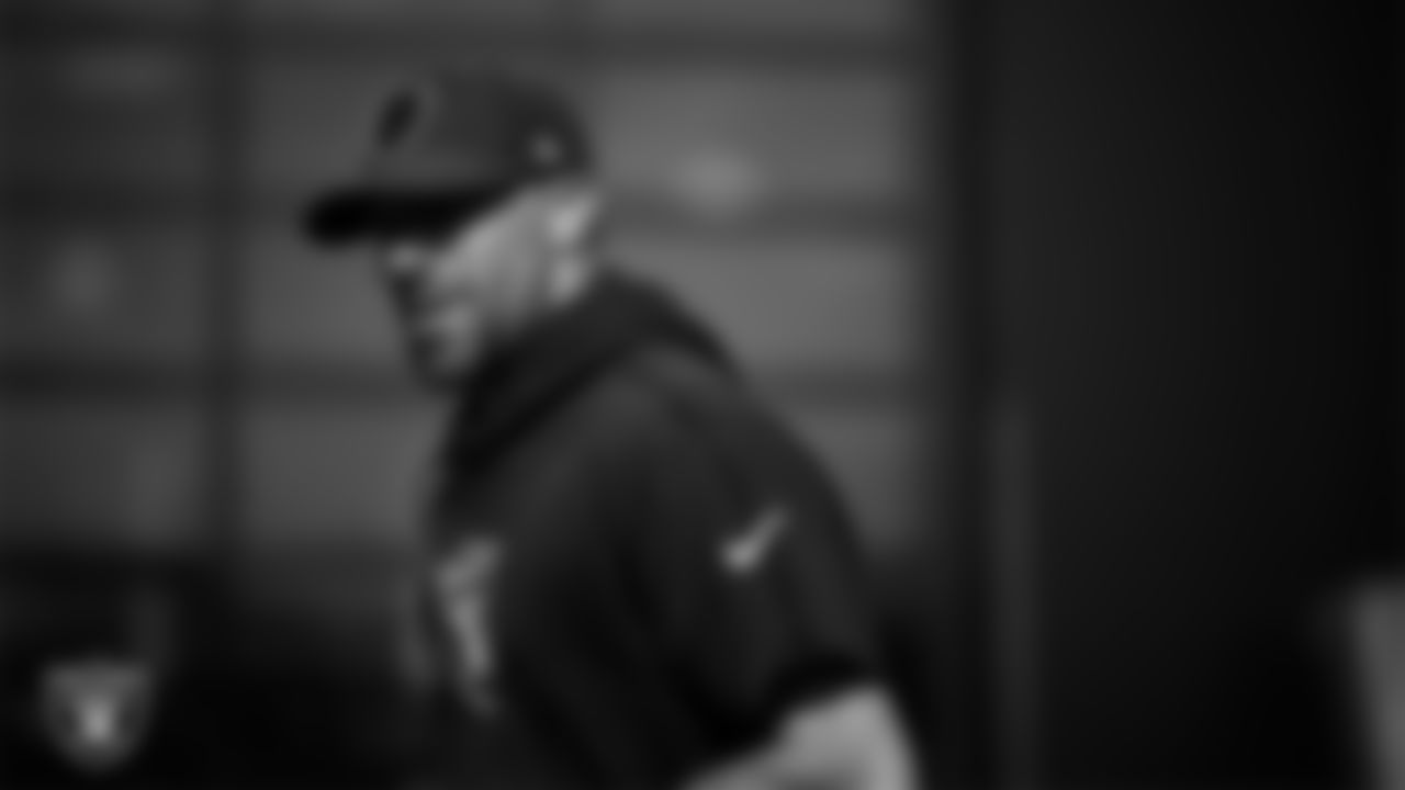 Las Vegas Raiders run game coordinator/defensive line coach Rob Leonard during practice at Intermountain Health Performance Center.