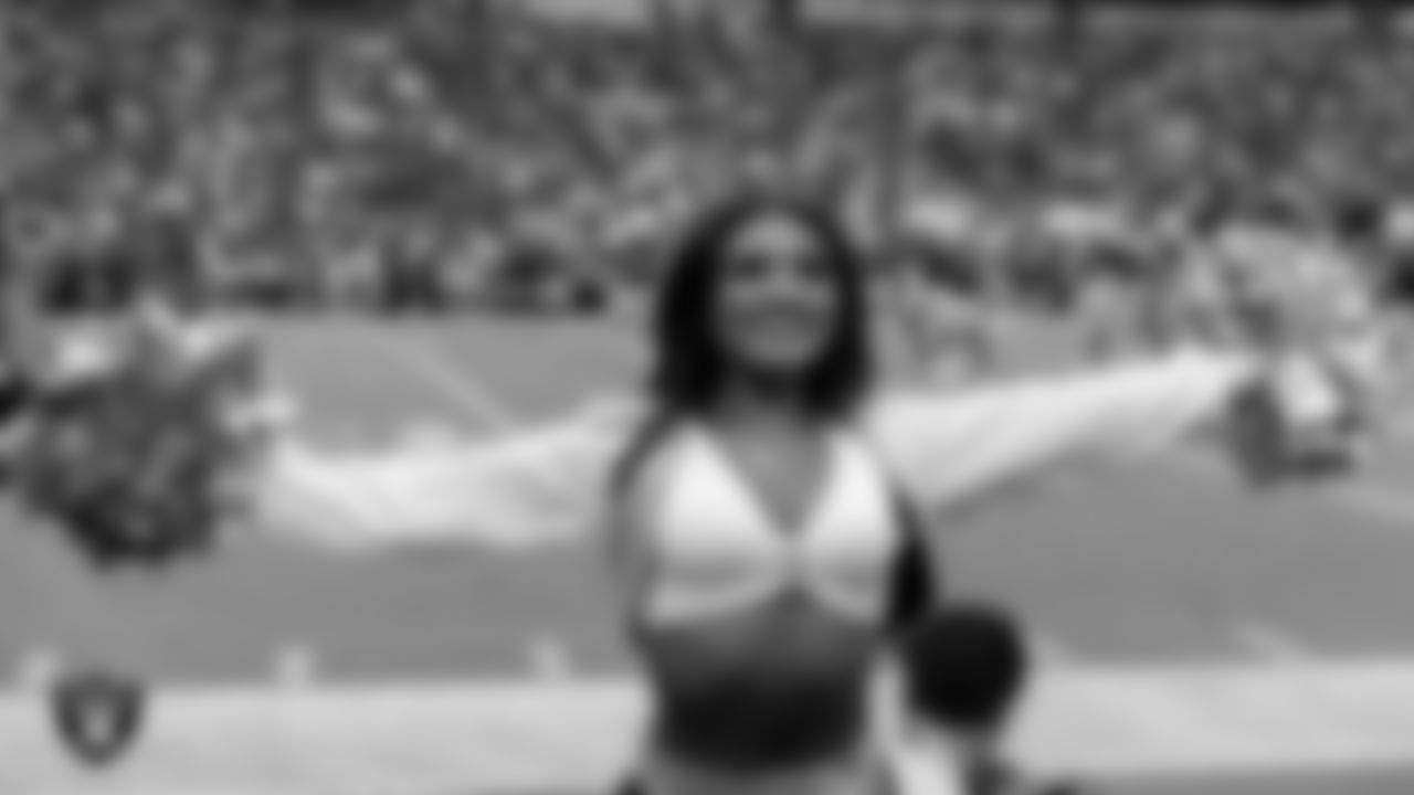 Raiderette Sloane on the sidelines during the preseason home game against the San Francisco 49ers at Allegiant Stadium.