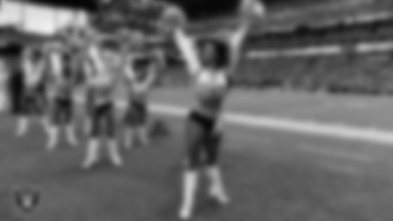 Raiderette Annalise performs on the sidelines during the regular season home game against the Chicago Bears at Allegiant Stadium.