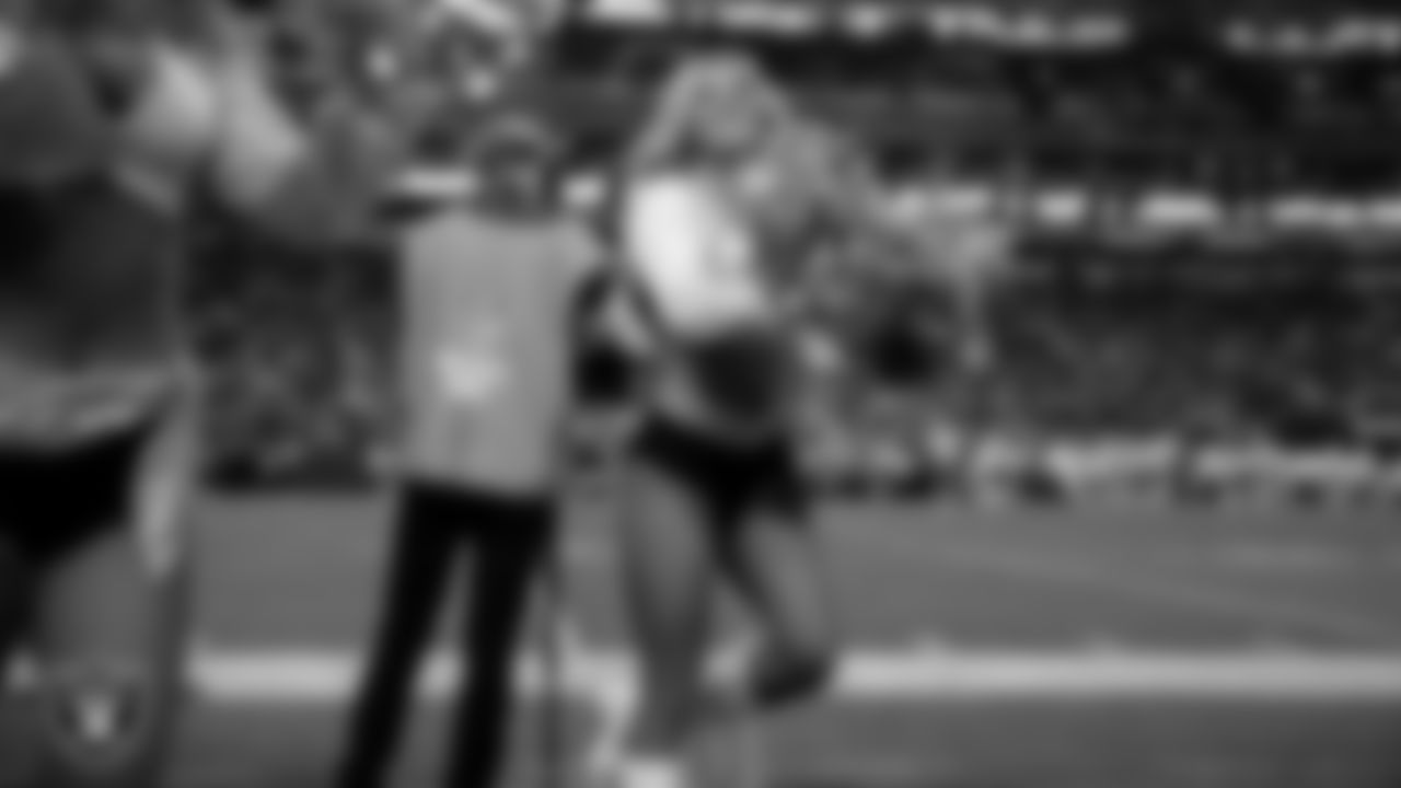 Raiderette Ali performs on the sidelines during the regular season home game against the Kansas City Chiefs at Allegiant Stadium.