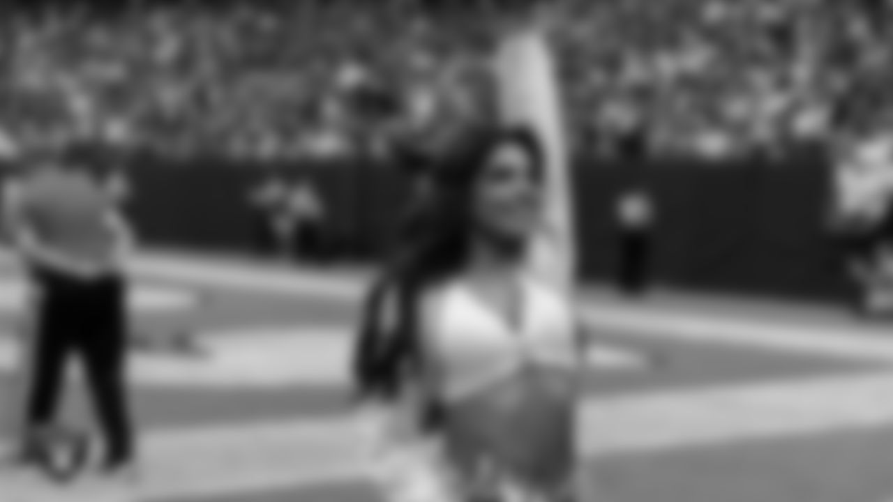Raiderette Annalise on the sidelines during the preseason home game against the San Francisco 49ers at Allegiant Stadium.